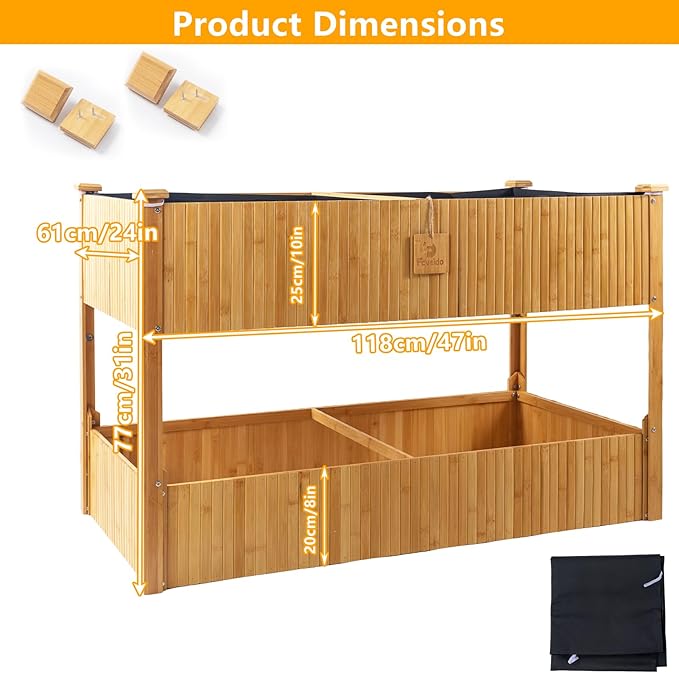 Raised Garden Bed - 2-Tier Elevated Planter Box for Herbs Vegetables Succulents &amp Flowers | 48x25x30 Inch Standing Growing Bed | Outdoor/Indoor Bamboo Planter