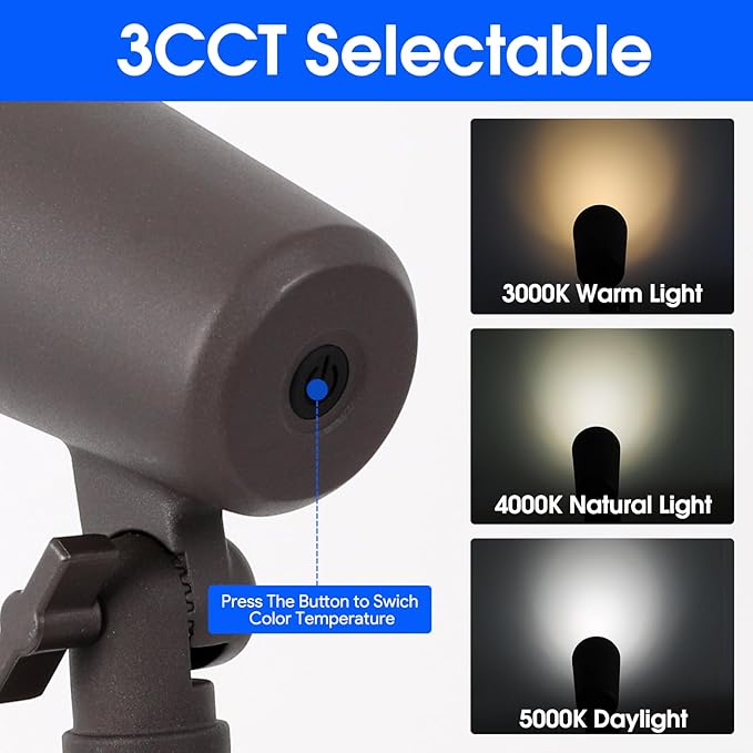 3CCT LED Landscape Lights with Connectors 12V Low Voltage 3000K/4000K/5000K Selectable 3W 200LM Outdoor Waterproof Garden Pathway Lights Wall Tree Flag Spotlights with Spike Stand 8 Pack