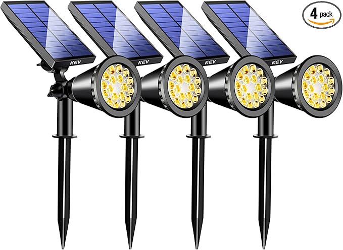 KEV 800 Lumens Solar Spot Lights Outdoor4 Pack 18 LEDs Solar Flood Lights with 2 Modes &ampAdjustable &ampIPX65 WaterproofSolar Spotlight for Driveway/Backyard/Patio Landscape/Tree/Garage(Warm Whi