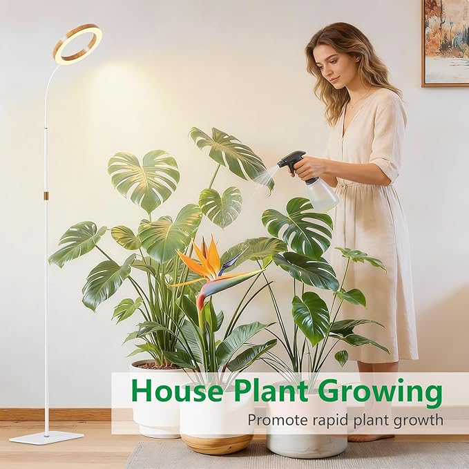 One Head Grow Light for Indoor Plants Full Spectrum - Floor Standing Plant Lamp with Auto Timer 6/12/18H 5-Level Dimmable &amp Adjustable Height 16.5-68in for Large Tall Plants |Faux Wood Design