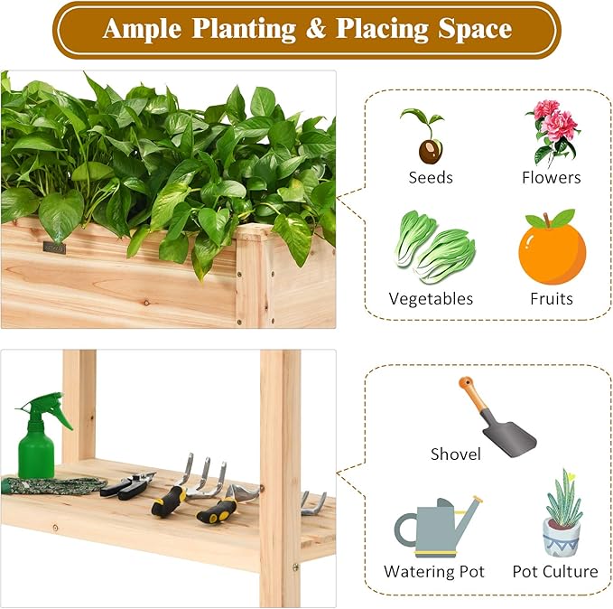 S AFSTAR Raised Garden Bed with Storage Shelf Elevated Cedar Wood Planter Box with Legs Outdoor Gardening Planting Bed for Vegetables Flower Herb Grow Great for Backyard Patio Lawn