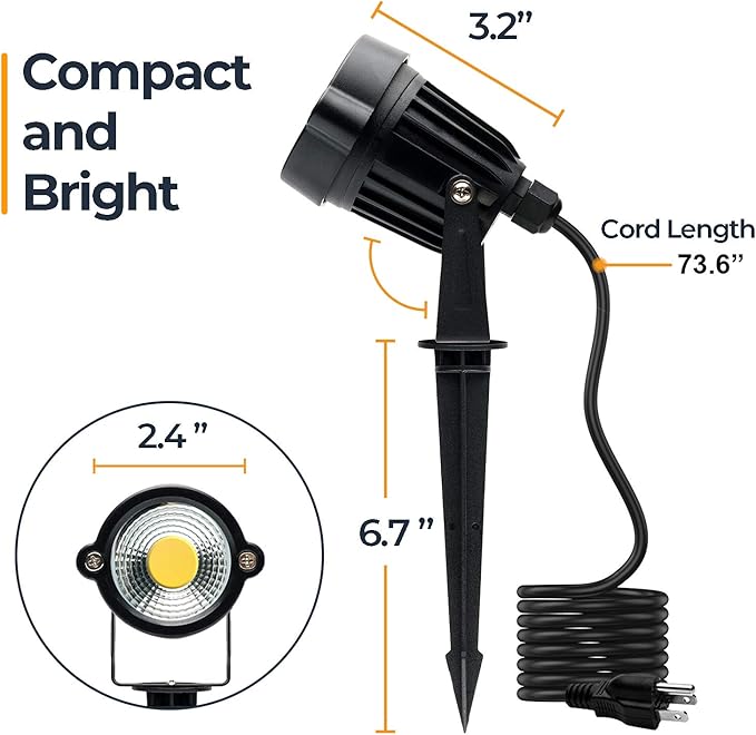 Yard Spot Lights Warm White Outdoor Spotlights 3000K 120V LED Landscape Lights Waterproof Uplights with Spiked Stand for Yard House Lawn Front Porch US 3 Plug (4 Lights)