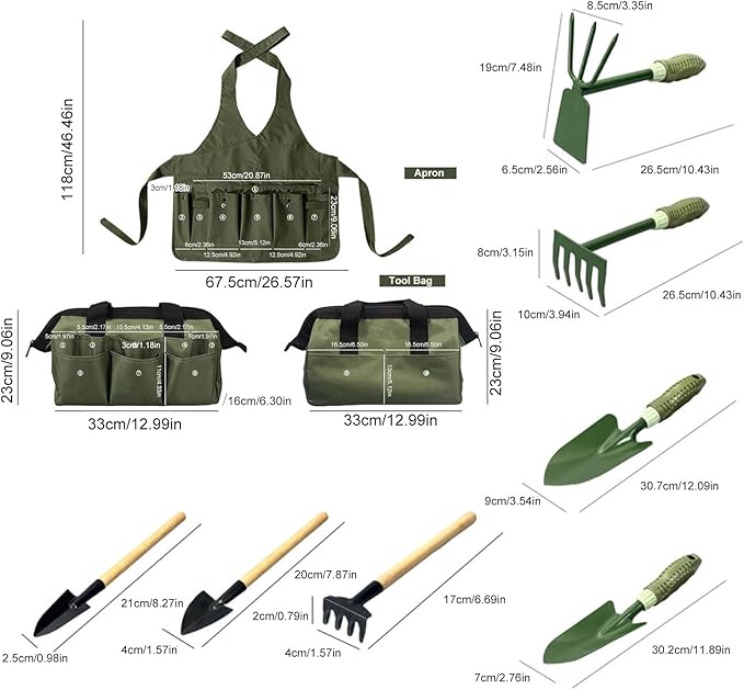 Gardening Tool Set Lightweight 9 Piece Ergonomic Hand Tool with Dual Head Hoe Rakes Shovels Apron Tote Bag for Home Lawn Farm Planting Weeding Birthday Gift for Women Men