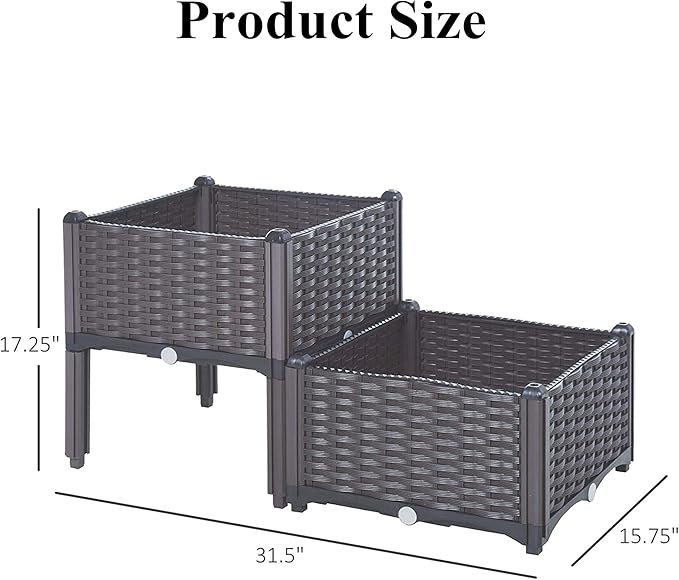 Set of 2 Elevated Planting Box Outdoor Planter Boxes with Legs Modern Rattan-Style Plastic Garden Raised Bed for Vegetables