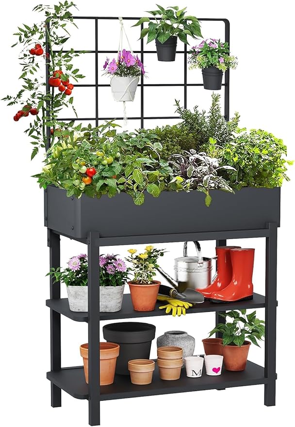 Metal Raised Garden Bed with Trellis &amp 2-Tier Storage Shelf Elevated Planter Box with Legs -Includes 3 Flower Pots Outdoor Vertical Garden for Vegetables Herbs Climbing Plants Patio Balcony