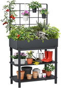 Metal Raised Garden Bed with Trellis &amp 2-Tier Storage Shelf Elevated Planter Box with Legs -Includes 3 Flower Pots Outdoor Vertical Garden for Vegetables Herbs Climbing Plants Patio Balcony