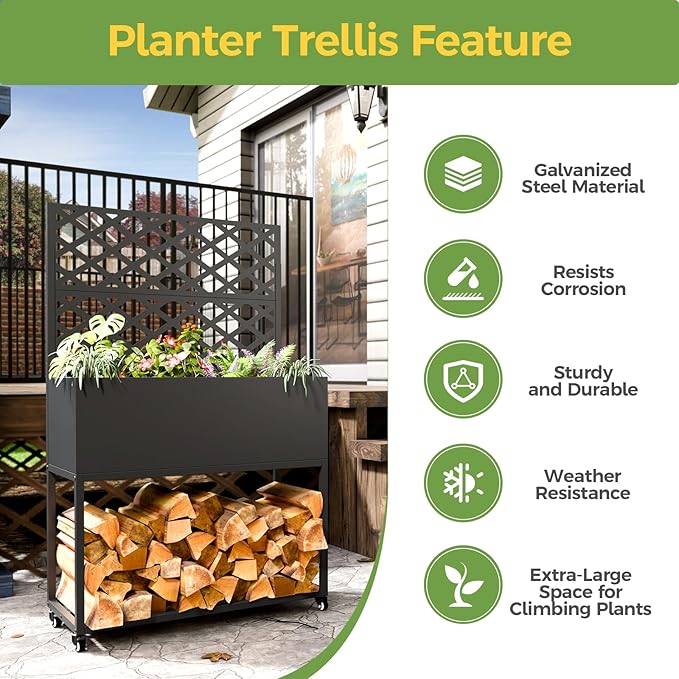 Raised Garden Bed with Trellis Metal Raised Planter Box with Trellis Privacy Planters for Patio Raised Garden Beds Outdoor Standing with Drainage Holes Wheels Black
