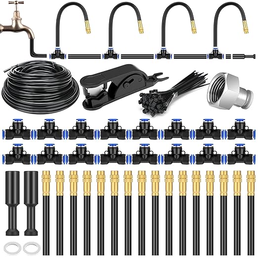 49 ft Drip Irrigation Kit 5/16 Tube Automatic Watering System with 16pcs 360° Adjustable Brass Nozzles Water Saving DIY for Garden Lawn Yard Greenhouse Plants