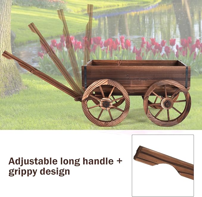 COSTWAY Wood Wagon Flower Planter Pot Stand with Wheels for Home Garden Indoor Outdoor Decor
