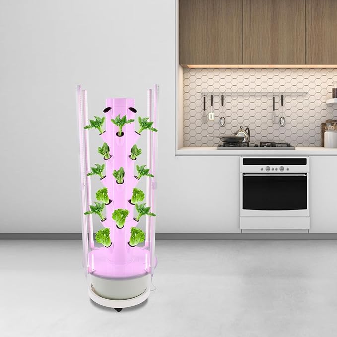 28 Holes 7 Tier Hydroponic Growing Tower Indoor Vertical Garden Kit w/LED &amp Timer 7.92Gal Tank Auto Water Circulation Space-Saving. Grow Flowers Veggies Herbs Strawberries. Easy Assembly