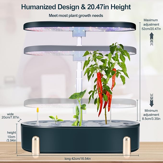 Hydroponics Growing System Indoor Garden:12 Pods Plant Kit Aeroponic Herb Vegetable Growth Lamp Countertop with LED Grow Light Adjustable Height Up to 20.47inch (Blackish Green One-Size)