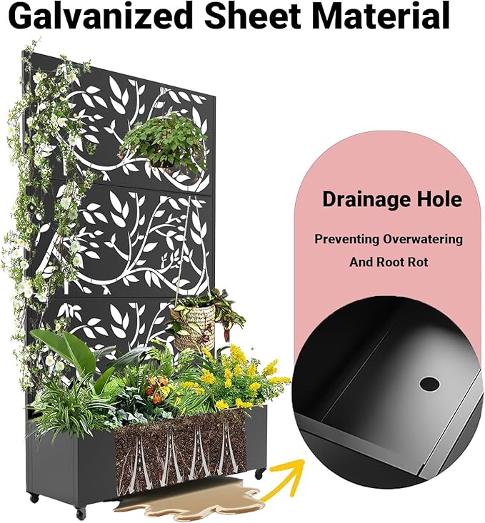Outdoor Metal Privacy Screen with Trellis &amp Planter Box – 72 x 47 Mobile Raised Garden Bed on Wheels with Drainage Patio Divider for Climbing Plants &amp Vegetables Black Tree Texture