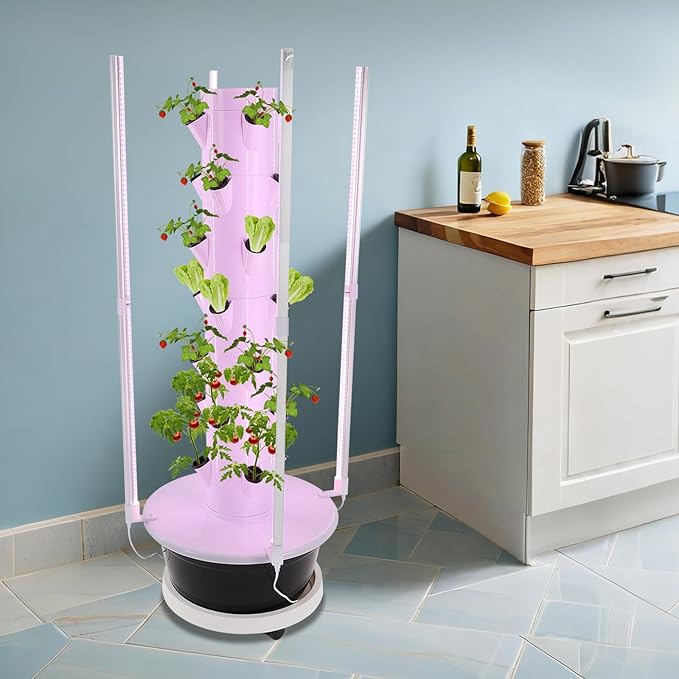 28-Plant Hydroponic Growing Tower – Indoor Vertical Garden Kit with LED Grow Lights 7.92 Gal Water Tank 6-Preset Timer &amp Wheels (20.86 x 53.54 in) for Herbs/Veggies/Flowers (Black Tank)