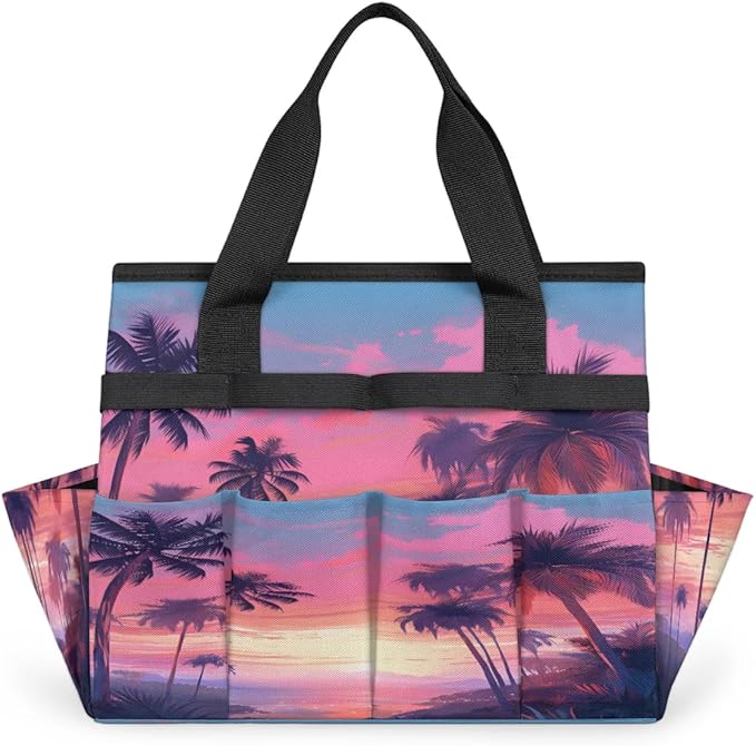 Coconut Tree Evening Sunset Garden Tool Bag Waterproof Garden Tool Storage Bag Heavy Duty Oxford Gardening Tool Bag with Handle &amp 10 Pockets for Men Women Outdoor Garden Lawn Yard