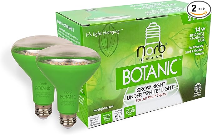 Norb NorbBOTANIC BR30 LED Grow Light – Full-Spectrum Sunlight Bulb for Indoor Plants - 14W Energy-Efficient Grow Lamp for Indoor Houseplants Herbs Seedlings &amp Tropical - E26 Base (2-Pack)