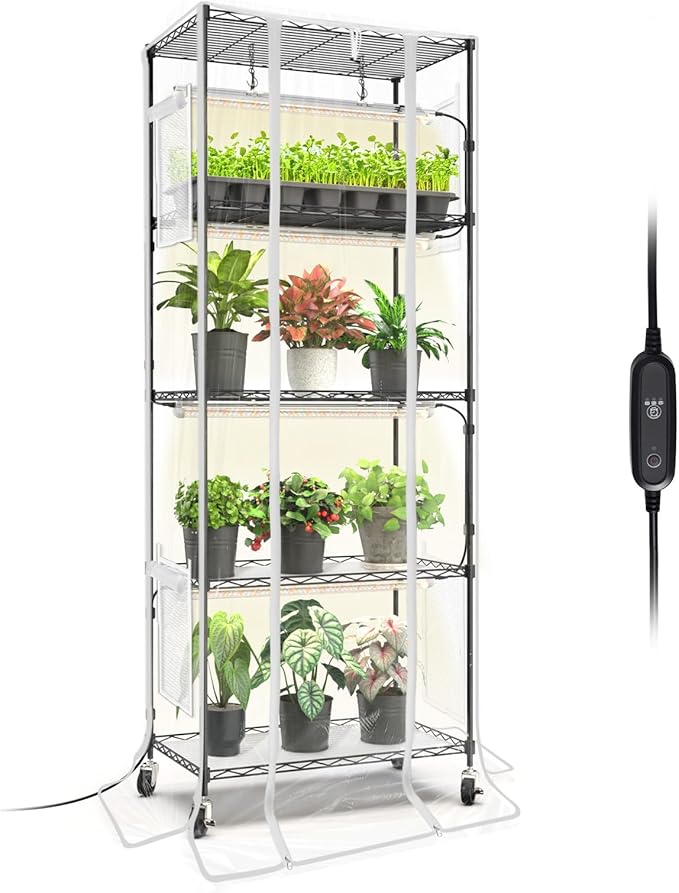 Bstrip Indoor Greenhouse 5 Tier 23.5x13.8x59 Mini Greenhouse with Grow Light 4 Pack 24W Full Spectrum Plant Lights &amp Timer Plant Stand with Grow Light for Indoor Plant Seed Starting Seed T