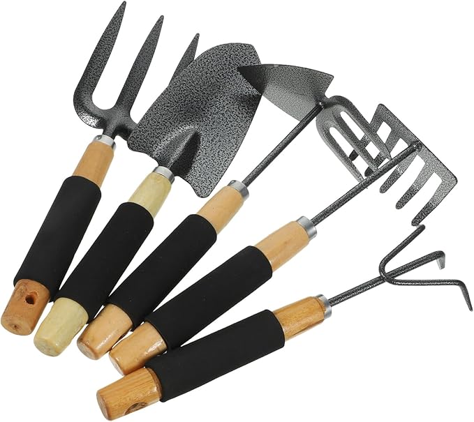 5pcs Garden Tool Set with Wood Handle Includes Large Shovel Three-Prong Rake Five-Tooth Cultivator Dual-Ended Hoe and Small Fork Portable Hand Tools for Gardening and Lawn