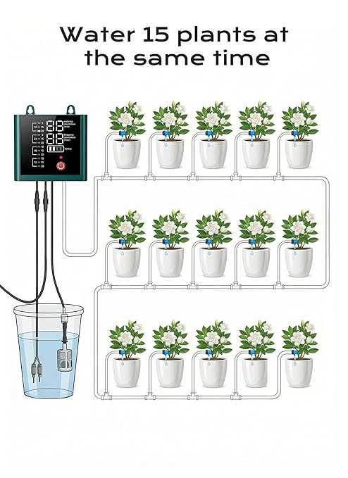 Solar Drip Irrigation System with USB Charging Indoor Outdoor Plant Watering Devices for 15 Potted Plants Automatic Watering System IP44 Waterproof 2200mAh for Garden Farm Greenhouse(Green)