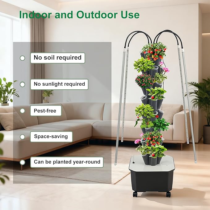 40-Hole Hydroponic Growing Tower with LED Grow Lights &amp Auto Water Pump - 59'' Indoor/Outdoor Vertical Garden System Kit for Vegetables Herbs Strawberries - Space-Saving Wheeled Soil-Free (Gre