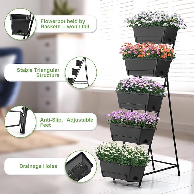 5 Tier Vertical Raised Garden Bed Planter Box Vertical Raised Bed with Drainage Holes for Indoor Outdoor Herbs Flowers Vegetables Plants Grey