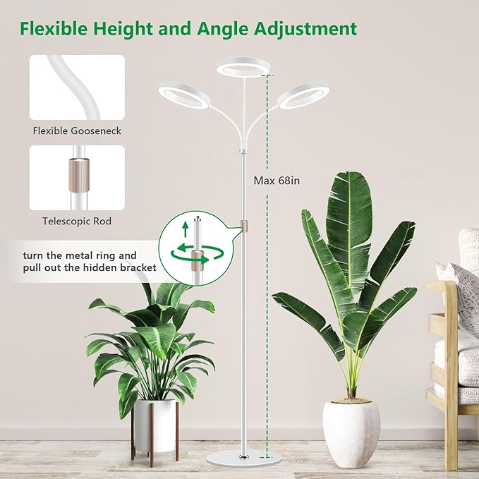 Grow Lights for Indoor Plants 3 Head Full Spectrum Plant Light with 68 Adjustable Stand for Growing Large Tall Plants White Halo Floor LED Grow Lamp with 16 Hour Timer