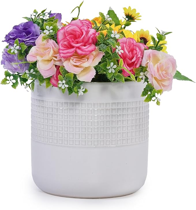 Handmade White Ceramic Planter Set of 3 (5.51 to 9.65) Indoor Outdoor Flower Pots for Succulents Herbs by Window Couchside Breathable Textured Clay
