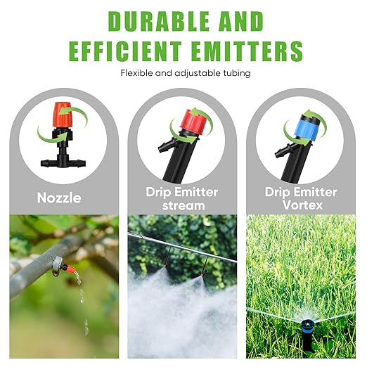 Frienda 590 ft Drip Irrigation System Kit Misting Plant Watering System with 1/4 inch 0.12 inch Irrigation Tubing Hose Adjustable Nozzle Emitters Barbed Fittings for Garden Yard Lawn