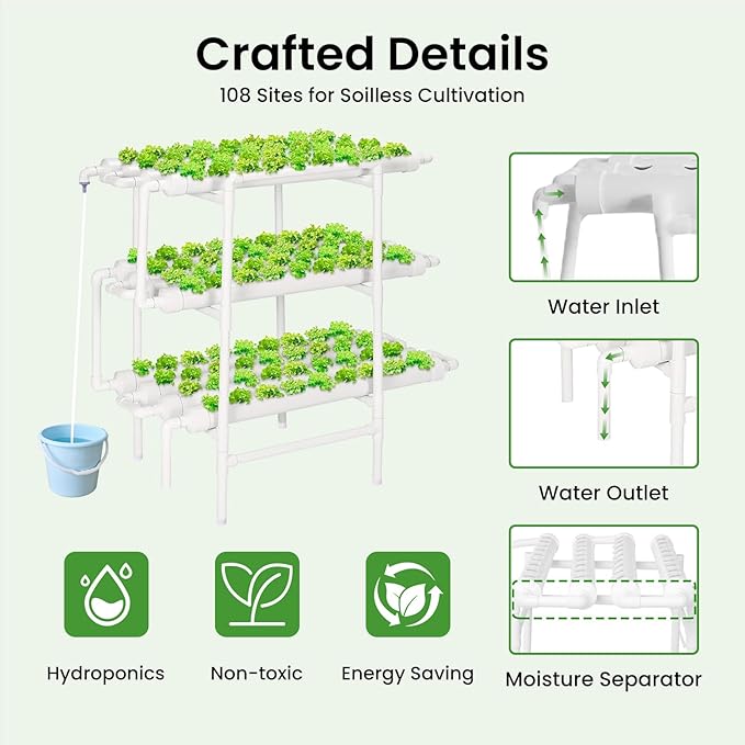 Upgraded Hydroponics Growing System108 Plant Sites 3 Layers 12 Food-Grade PVC-U Pipeshydroponics Growing System Kit Gardening Systems Grow Kits with Water Pump Timer nests Basket and Sponge