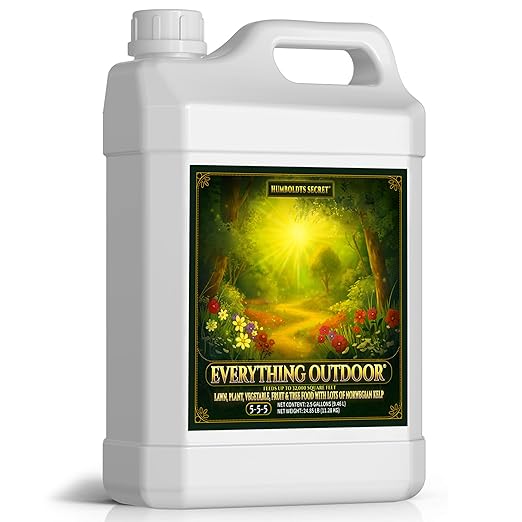 Humboldts Secret Everything Outdoor Plant Food | 5-5-5 Liquid Fertilizer with Norwegian Kelp | All Purpose Lawn Vegetable &amp Fruit Food | Garden Nutrients | Refillable Hose End Bottle | 2.5 Gallon