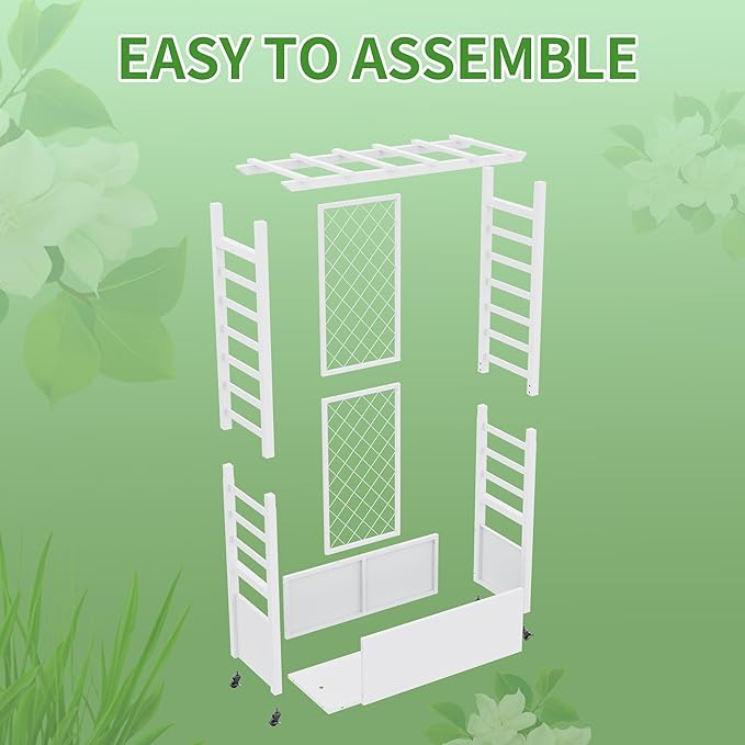 74 Mobile Planter with TrellisWeatherproof Vertical Raise Garden Bed with Trellis &amp Hanging Roof for Climbing PlantsFlowersVegetablesRust-Proof Metal Privacy Planter for Patio (White-A)