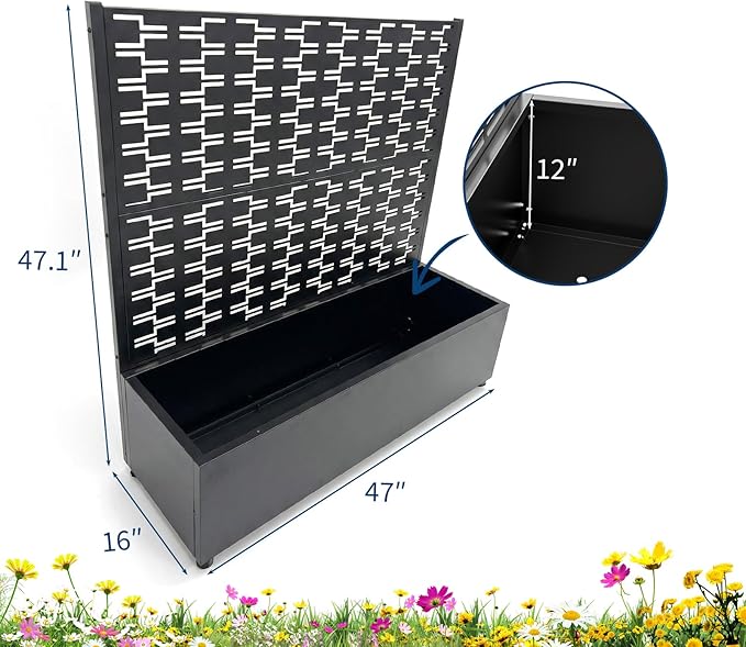 Black Metal Raised Garden Bed with Trellis &amp Lockable Wheels 47 Tall Privacy Screen Planter Box with Drainage 47.1X16 Climbing Plant Planter for Patio Balcony Vegetables