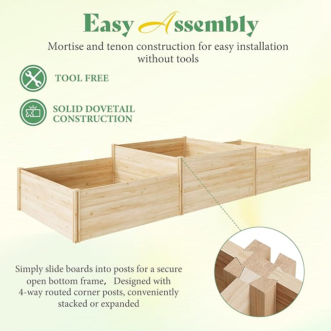 SPECRAFT 2-Tier Raised Garden Bed 23-Inch Deep Fir Wood Planter Box with Mortise &amp Tenon Structure 3-Section Open Base for Vegetable Flowers &amp Herb for Backyard Garden Patio 142 x 49 x