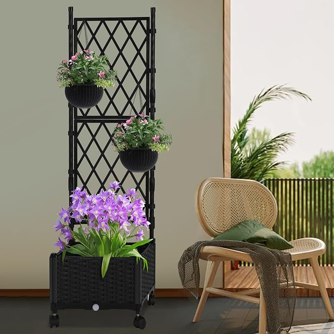 Planter with Trellis Raised Garden Beds Trellis Planter Box Outdoor Self-Watering for Gardening Climbing Vegetables Flowers Balcony Backyard Patio Black1PC