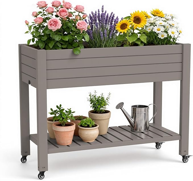 Elevated Raised Garden Bed with Legs 43.31×17.72×33.66 Divisible Resin Planter Box with Lockable Wheels Drain Plug &amp Water Monitor for Plants Vegetables (Grey)