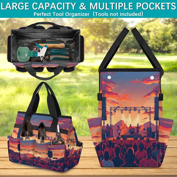 Sunset Music Festival Pattern Garden Tool Bag for Women Men Garden Storage Tote Bag with 10 Pockets &amp Handle Gardening Tool Organizer for Garden Patio Indoor Outdoor
