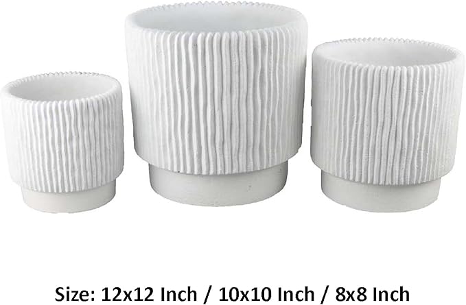 3pc Planter Set Ribbed Grooved White Terracotta 81012 Inch