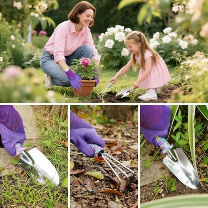 Garden Tool Set Floral Print Stainless Steel Heavy Duty Gardening Tools Trowel Rake Weeder Pruner Shears Sprayer Gloves&ampCarrying Case Ideal Gardening Gifts for Women Father(Green 5-Piece Set)