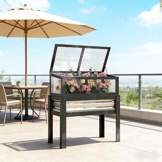 Elevated Raised Garden Bed with Flip-Up Mini Greenhouse Top – Wood Planter Box for Flowers Vegetables &amp Herbs – Weather-Resistant Outdoor Galvanized Metal Frame (Gray)