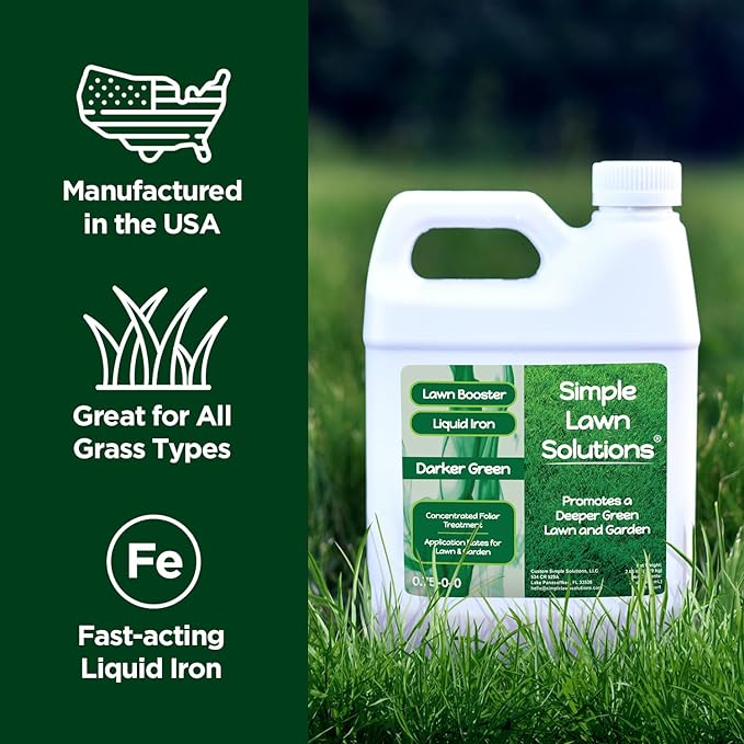 Simple Lawn Solutions - Liquid Iron Fertilizer Darker Green - Chelated Micronutrients - Concentrated Green Booster for Turf Grass Indoor Plants and Outdoor Garden (32 Ounce)