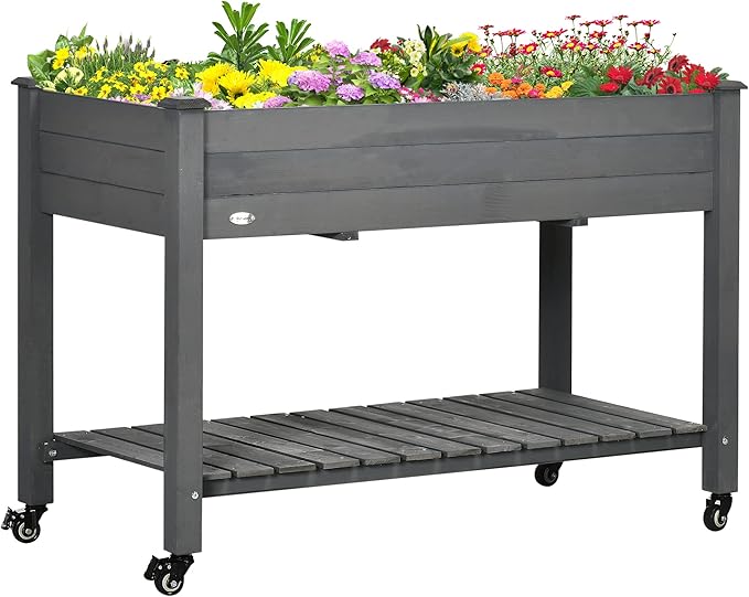 Raised Garden Bed 47 x 22 x 33 Elevated Wooden Planter Box with Lockable Wheels Storage Shelf and Bed Liner for Backyard Patio Dark Gray