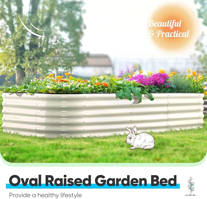 Quictent Galvanized Raised Garden Bed Kit 8x4x1.5 ft Oval Metal Planter Box Tall for Vegetables Outdoor Backyard Rubber Strip Edging Included (Beige)