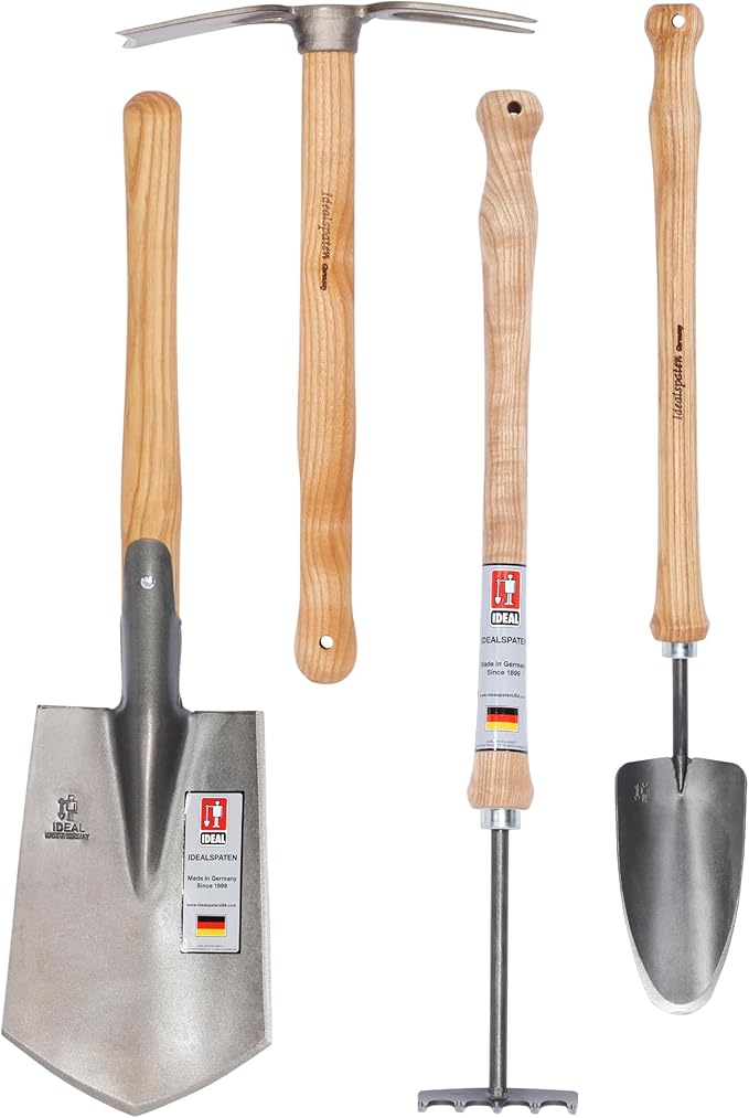 IDEALSPATEN Small Garden Tool Set Collection - 4 Piece Set - Panzer Field Shovel Heidelberg Hand Mattock Hanover Hand Rake Lübeck Hand Shovel