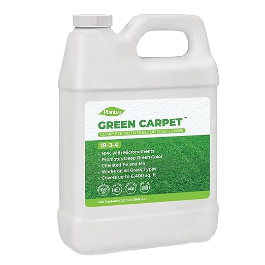 Green Carpet Lawn Liquid Fertilizer with Balanced NPK 18-3-4 with micronutrients | Lawn Food Quality Liquid Fertilizer - Spring &amp Summer Concentrated Spray - Any Grass Type (32 oz Bottle)