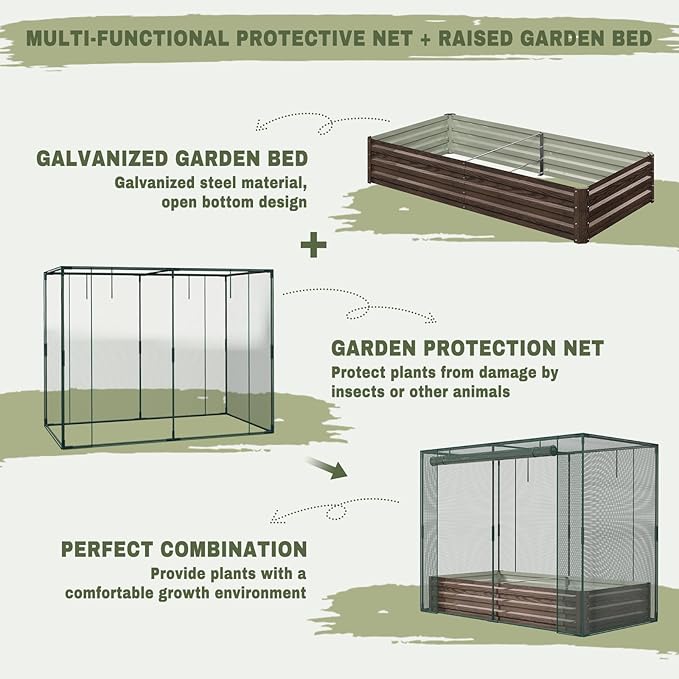 SUNYRISY Galvanized Raised Garden Bed with Protection Netting Outdoor Metal Planter Box with Plant Crop Cage Garden Box Protection for Gardening Vegetables Flowers Herbs Planting Wood Grain