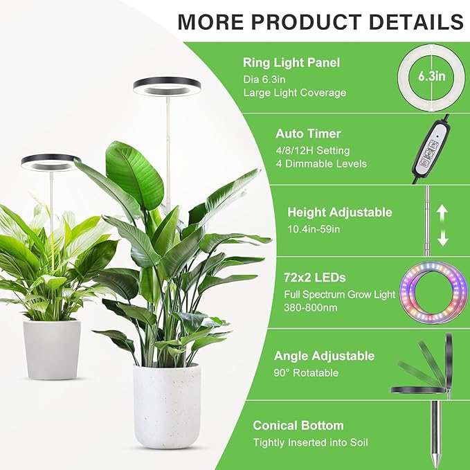 LBW Plant Grow Light 72 LEDs Full Spectrum Grow Lights for Indoor Plants Plant Lamp with 4 Dimmable Levels 4/8/12H Timer 10.4”-59”Height Adjustable Halo Plant Lamp for Tall Plants Black 2 Pack