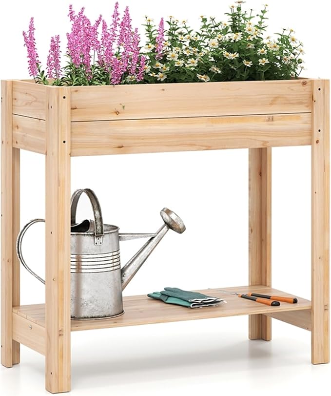 Giantex Wood Raised Garden Bed w/Lower Shelf Planter Box with Legs for Flower Herb Vegetable Fruit Indoor Outdoor Elevated Raised Beds for Gardening Backyard Patio Balcony