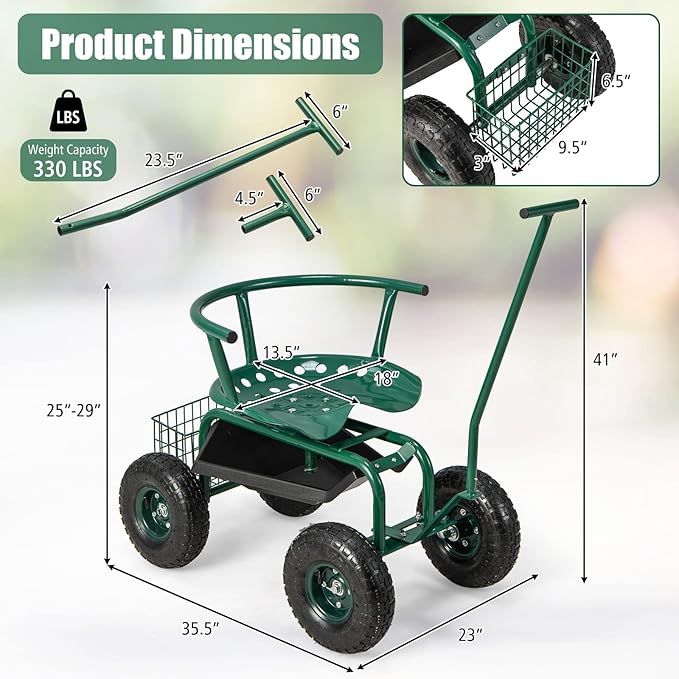 Goplus Rolling Garden Seat with Wheels Outdoor Garden Cart with 360° Swivel Seat &amp Tool Storage 2 Steering Handles Gardening Stool Wagon Scooter Lawn Patio Gardening Workseat for Seniors