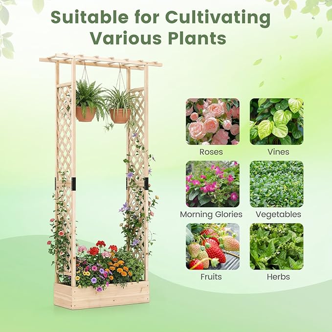 Giantex Wooden Raised Garden Bed with Trellis &amp Hanging Roof 2 Pack Fir Wood Planter Box 89” Freestanding Elevated Garden Bed for Outdoor Climbing Plants Vegetables Flowers Patio &amp Balcony