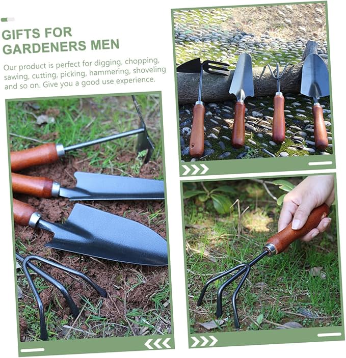 Kisangel Garden Shovel and Trowel Set 4pcs Mini Metal Hand Tools for Gardening with Extended Narrow Spade Three-Claw Rake Dual-use Hoe and Soil Scoop – Suitable for Planting Weeding