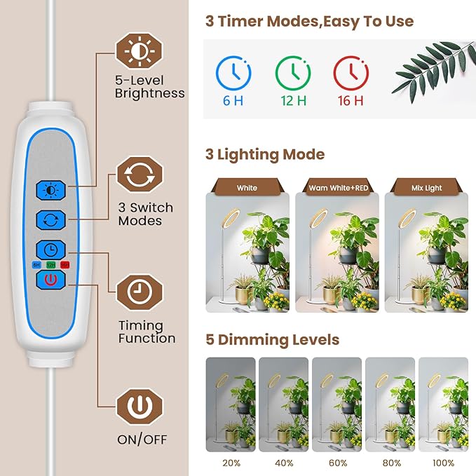 Grow Lights for Indoor Plants Full Spectrum Plant Lights for Indoor Growing with 6/12/16H Timer 3 Optional Spectrums5 Dimmable Levels Height Adjustable 9.8-37.4 Wood Grain Desk Grow Lamp